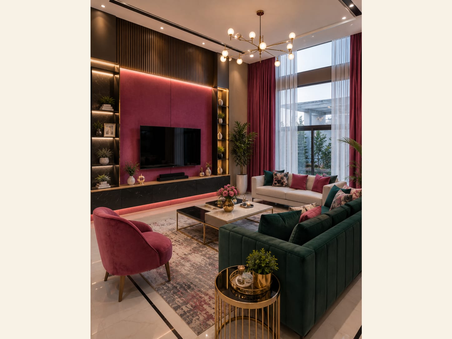 A Double-Height Glam Living Room in Berry and Emerald A double-height luxury living room with a berry-pink TV feature wall, emerald green velvet sofas, a berry velvet chair, a gold sputnik chandelier, marble tables and tall curtains.
