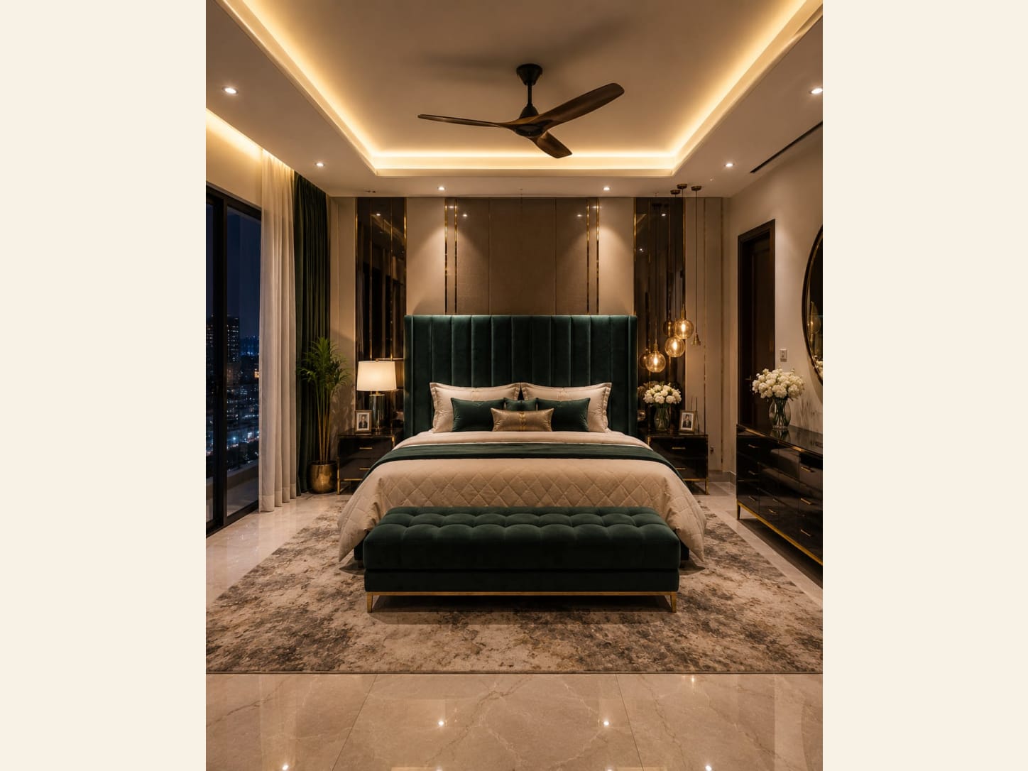 A Luxury Emerald and Gold Bedroom with a City View A luxury bedroom with an emerald green channel-tufted headboard, gold accent panelling, cove lighting, a green velvet bench, glass pendant lights and a sparkling city night view.