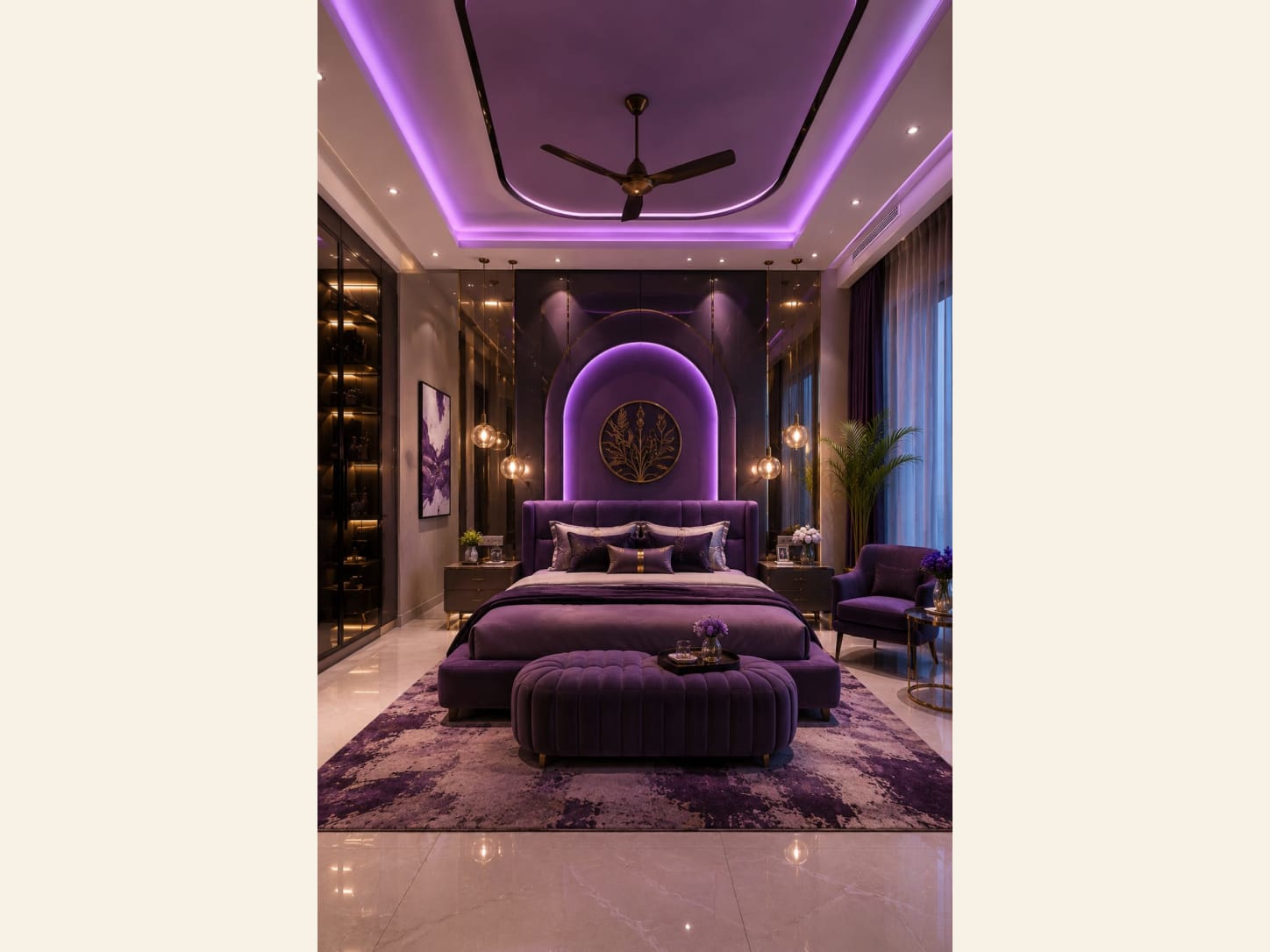 A Glam Purple Luxury Bedroom with a Backlit Arch A glam purple bedroom with a plum velvet bed, a backlit arched headboard, a purple LED cove ceiling, a gold medallion, glass pendants, a mirrored wardrobe and a velvet armchair.