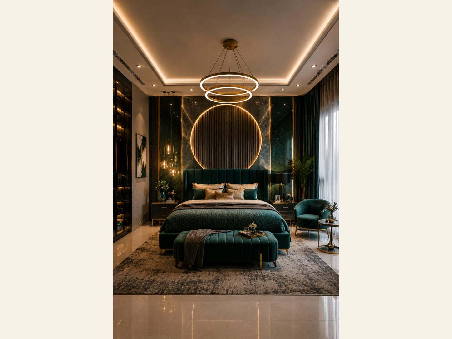 A Luxury Emerald Bedroom with a Round Backlit Headboard A luxury emerald bedroom with a green velvet bed, a round gold backlit feature behind the headboard, a dark marble wall, a gold ring chandelier, glass pendants and green curtains.