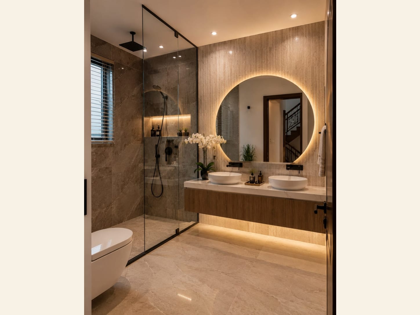 A modern spa bathroom with a grey marble walk-in shower, a large round backlit mirror, a floating wood vanity with twin vessel sinks, backlit stone tiles and warm cove lighting.