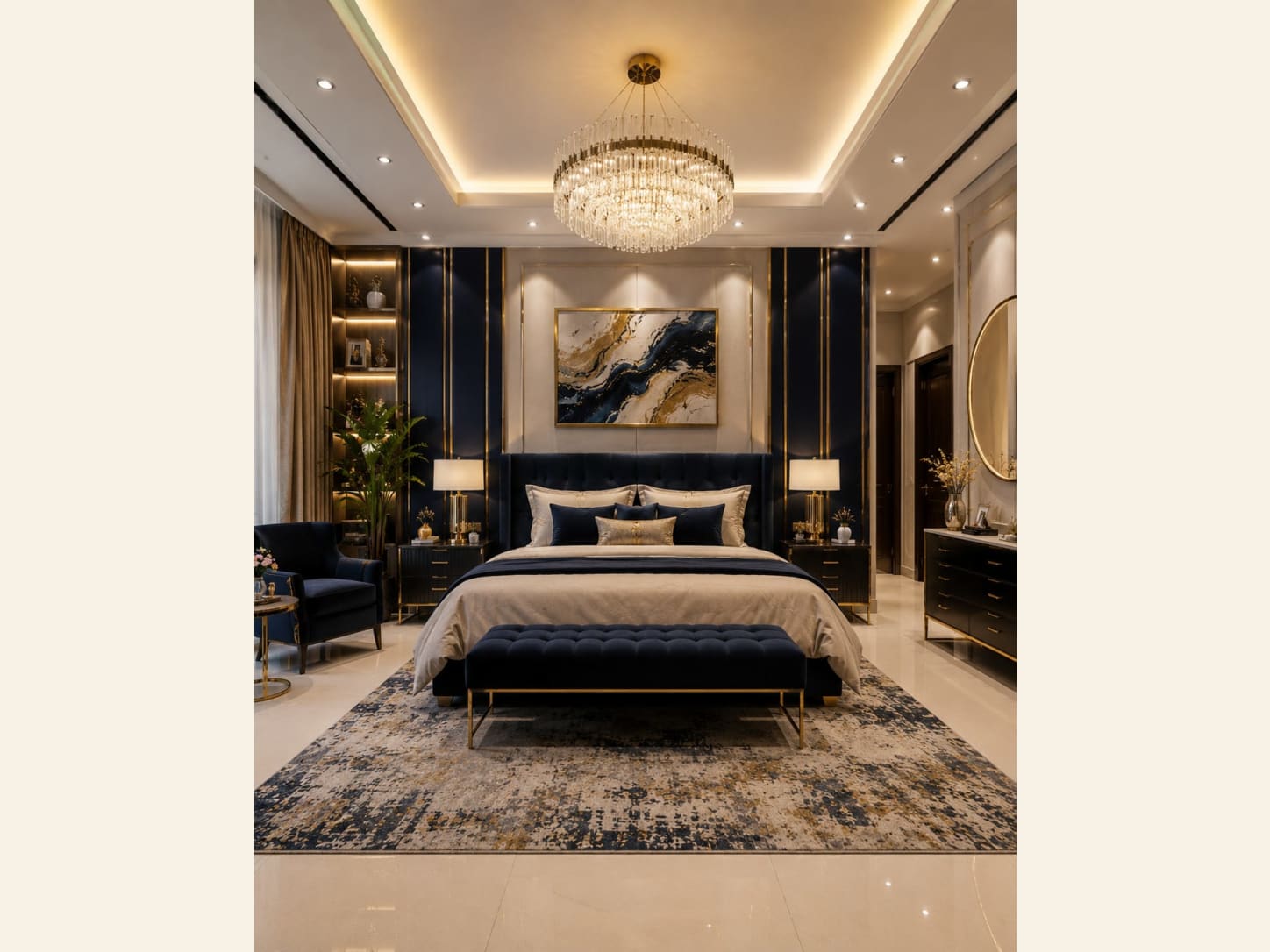 A Navy and Gold Luxury Bedroom with a Crystal Chandelier A luxury bedroom with a navy tufted headboard, gold-lined navy panelling, a crystal drum chandelier, a marble-swirl artwork, twin lamps, a navy bench and a patterned rug.