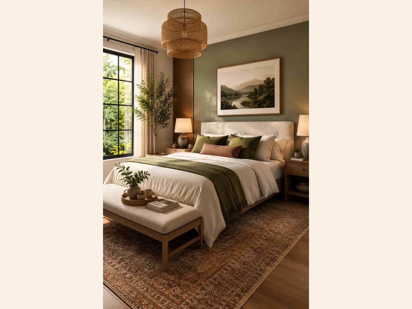 A Cozy Earthy Bedroom in Sage Green and Olive A cozy earthy bedroom with a sage green wall, a soft upholstered headboard, olive green and rust accents, a landscape print, a rattan pendant, an olive tree and a vintage rug.
