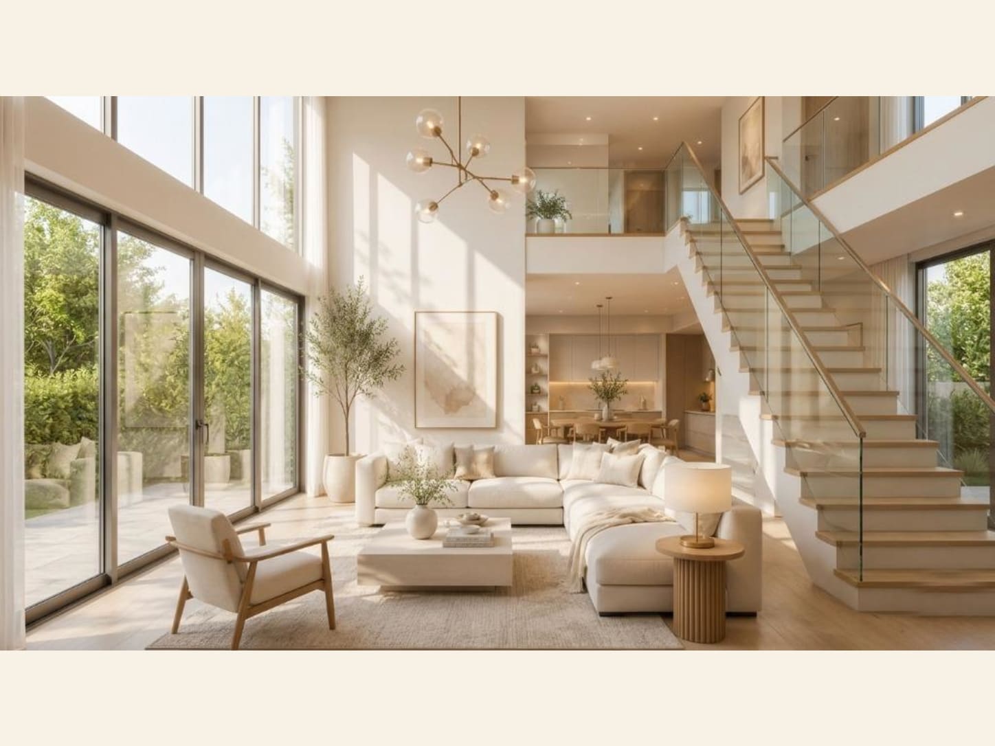 A Bright Open-Plan Living Room with a Statement Staircase A bright, double-height open-plan living room with floor-to-ceiling glass, a garden view, a white sectional, a wood-and-glass staircase, and a brass globe chandelier.