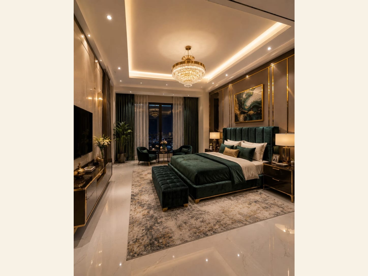 An Emerald and Gold Luxury Master Bedroom with a City View A luxury master bedroom with an emerald green velvet headboard, gold-lined panelling, a crystal chandelier, a marble-swirl artwork, a green bench, a wall TV and a city night view.