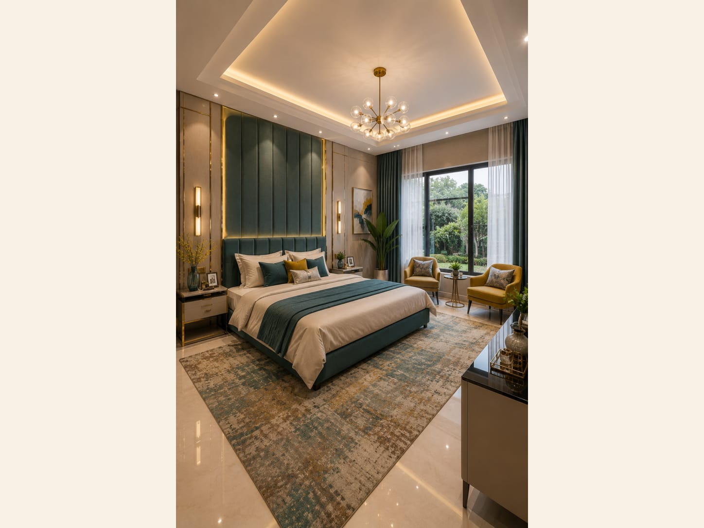 A Teal and Gold Luxury Bedroom with Mustard Armchairs An elegant teal and gold luxury bedroom with a teal velvet channel headboard, gold wall trim, mustard-yellow armchairs, a sputnik glass chandelier, a garden-view window, a distressed teal-and-brown rug and warm marble floors.