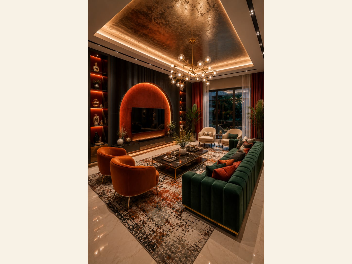 A Green and Terracotta Luxury Living Room with an Arched TV Wall A warm luxury living room with an emerald-green velvet channel sofa, burnt-orange velvet armchairs, an arched terracotta backlit TV niche in a fluted black wall, a gold sputnik chandelier, a gold-leaf ceiling, lit display niches and a black marble coffee table.