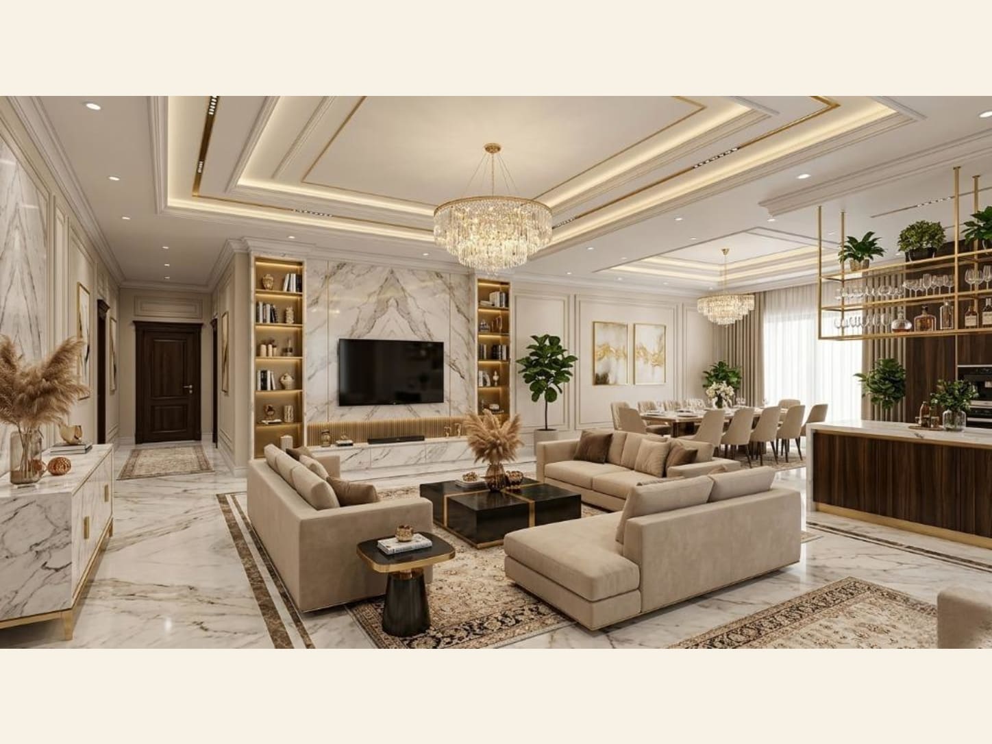 A Neoclassical Living and Dining Room in Soft Cream A neoclassical luxury living and dining room in white and gold, a book-matched marble TV wall, gold-lit bookshelves, crystal chandeliers, beige sofas, and a glass bar.