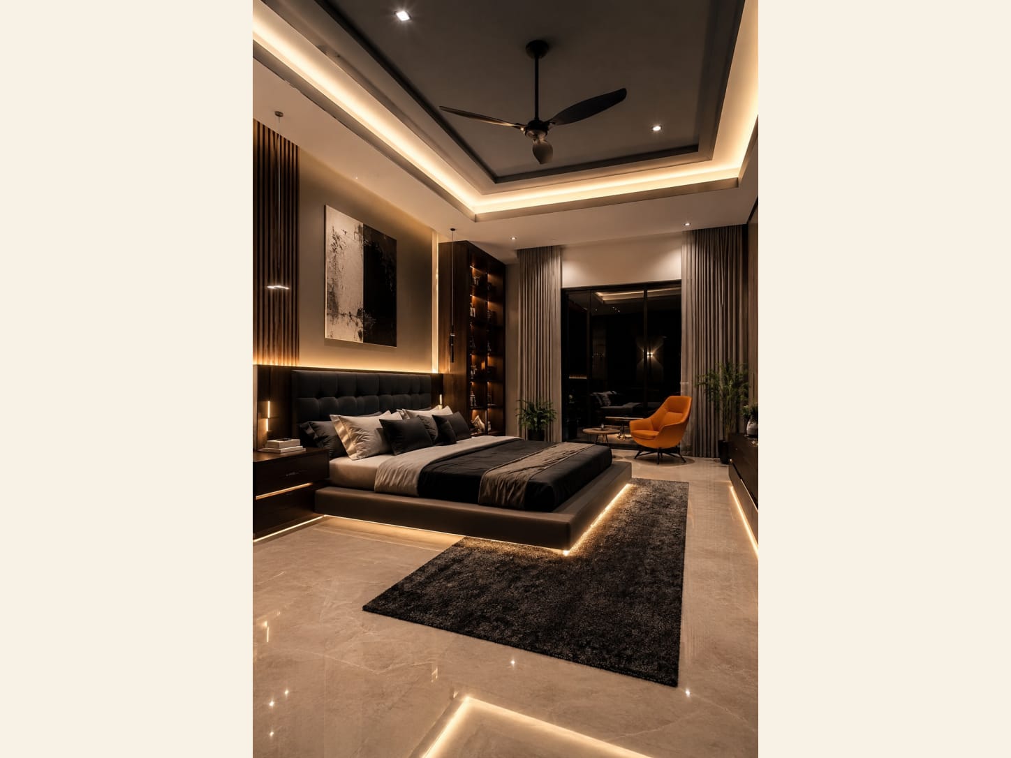 A dramatic night-time bedroom with an LED-outlined floating platform bed, black shag rug, burnt-orange accent chair and warm-lit wood shelving.