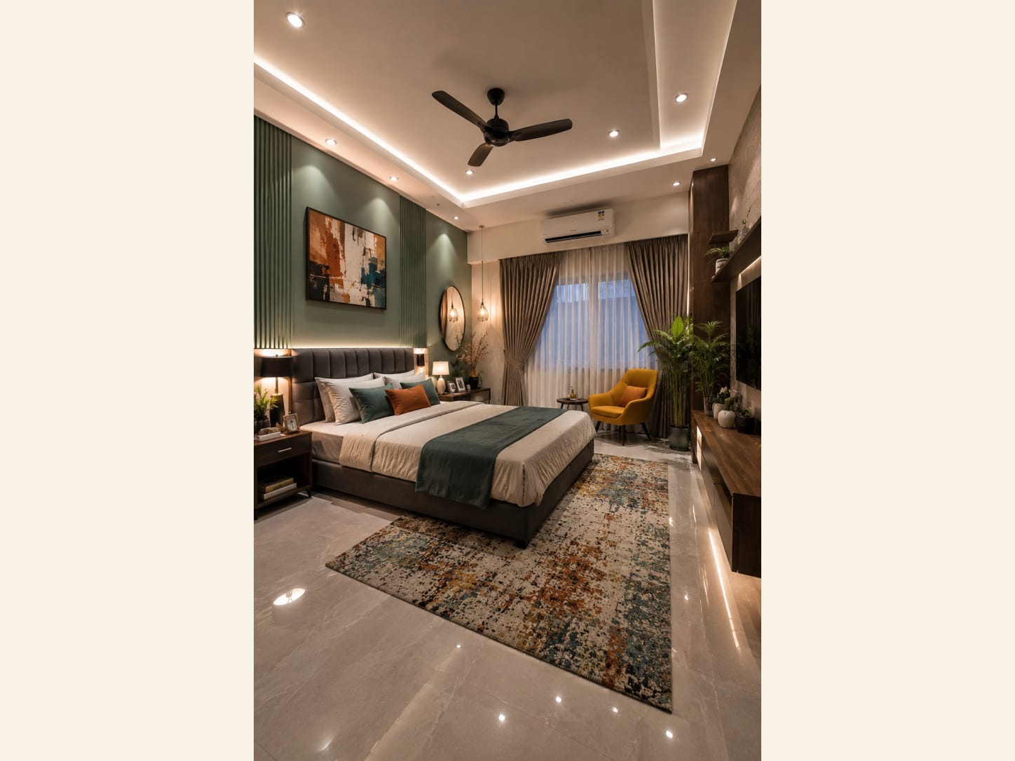 A Modern Master Bedroom With a Sage Green Fluted Accent Wall A fluted sage accent wall, a soft grey headboard and pops of mustard and teal make this master bedroom feel calm, layered and genuinely modern.