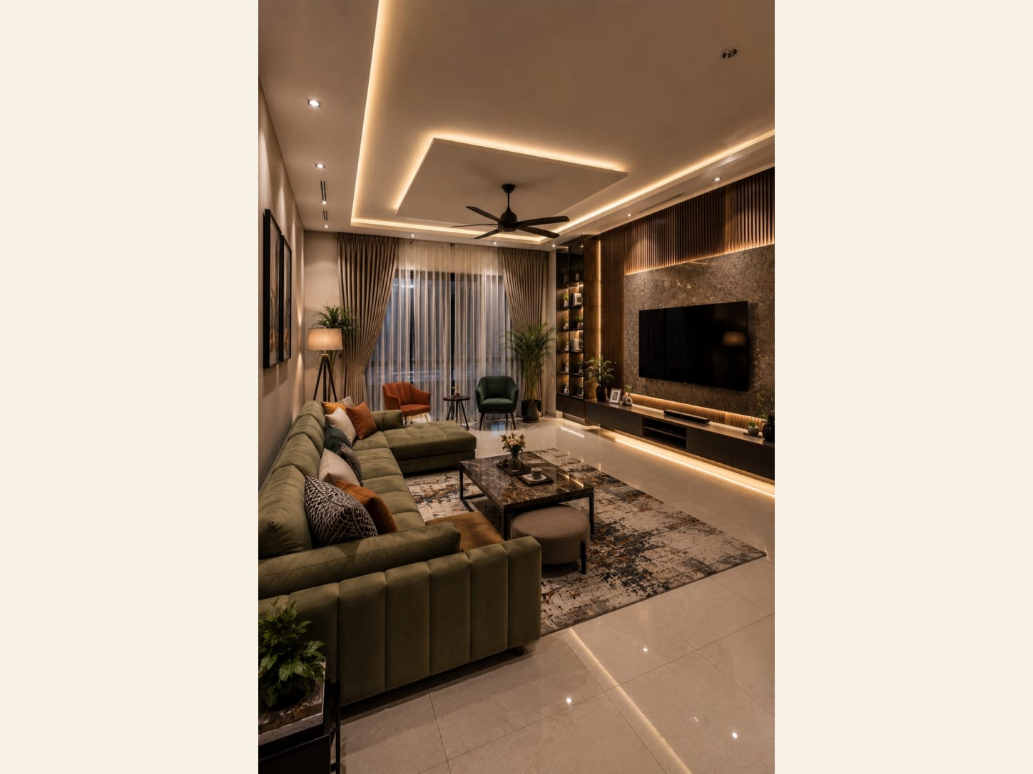 A Modern Living Room With an Olive Sectional and Marble TV Wall An olive green sectional, a marble-and-wood TV wall and warm cove lighting give this living room a rich, layered look that still feels comfortable.