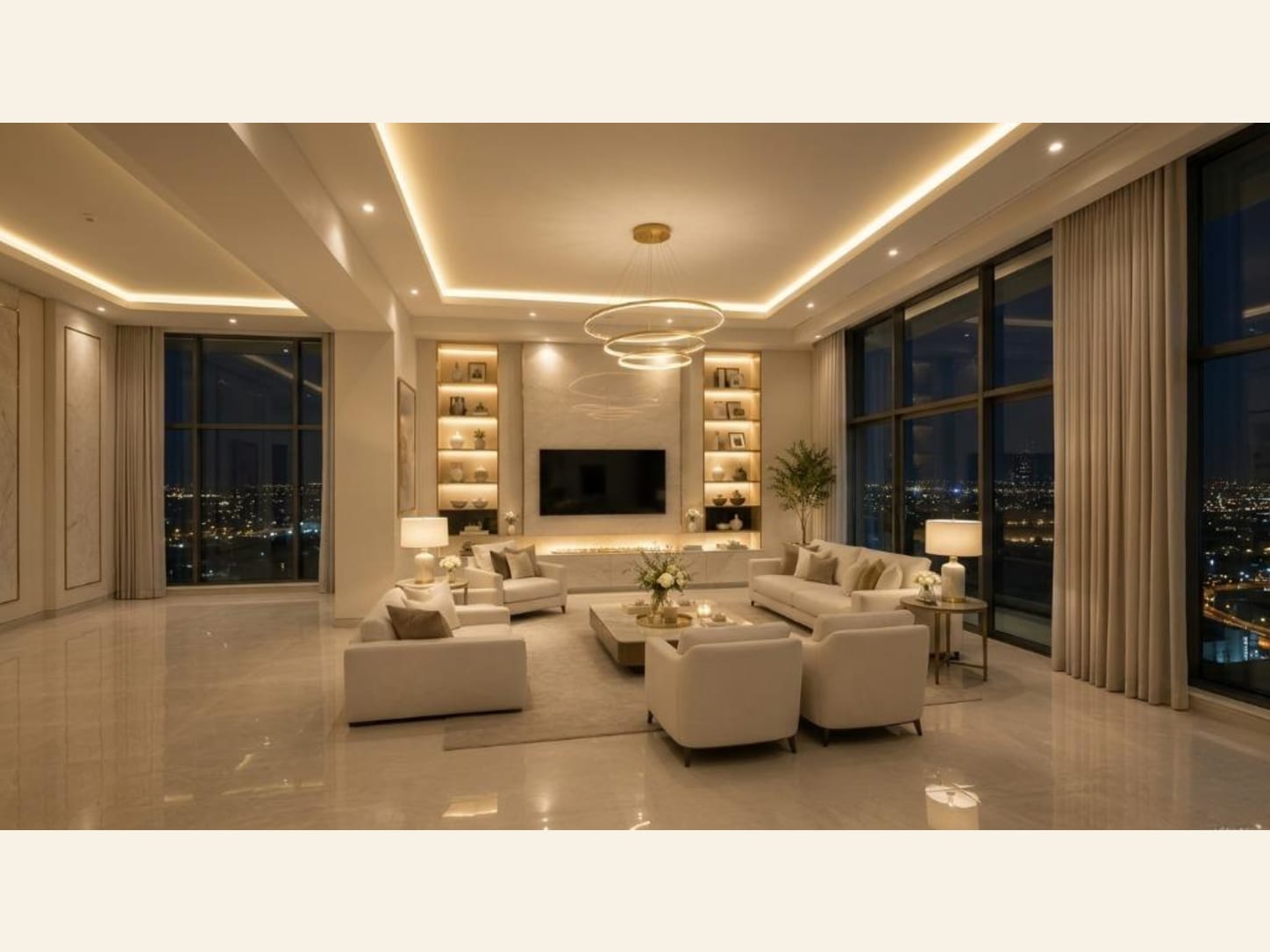 A Modern Living Room That Glows Against the City at Night A modern luxury high-rise living room with a city night view, a marble fireplace wall, lit display niches, a ring chandelier, white sofas, and glossy marble floors.