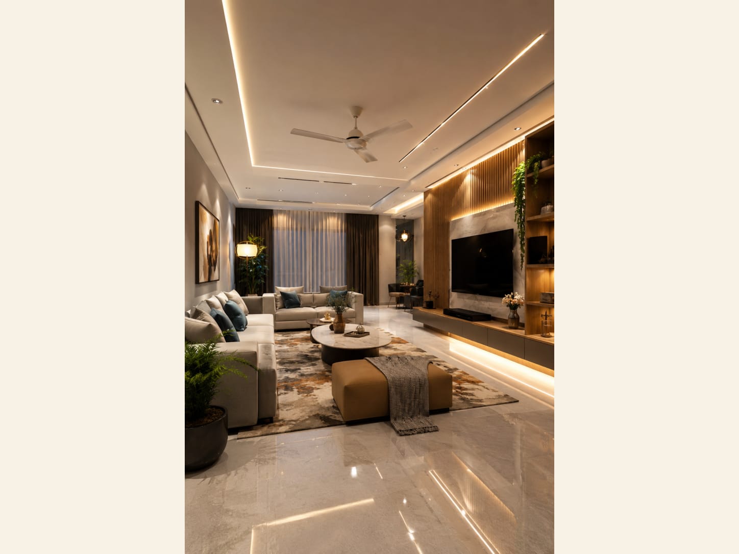A cream sectional, a marble-and-wood feature wall and warm cove lighting create a calm, luxurious living room that feels open, bright and expensive.