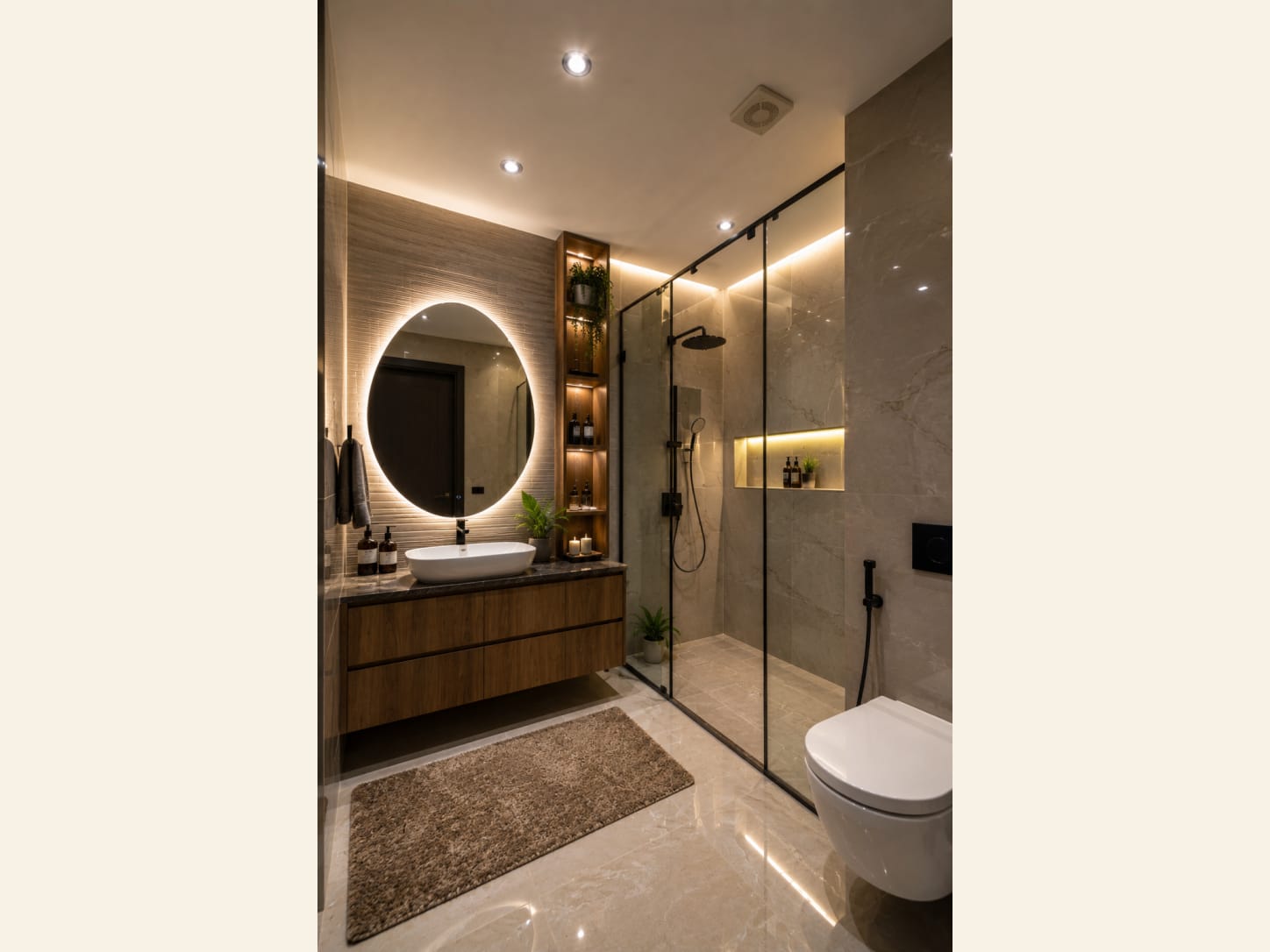 A warm, spa-like bathroom with a backlit oval mirror, floating wood vanity and a glass walk-in shower framed in matte black.