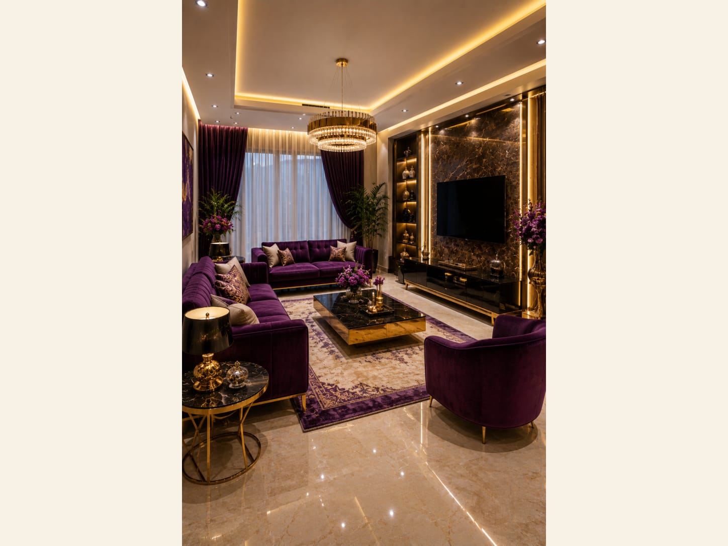 A Glam Purple and Gold Luxury Living Room A bold, glamorous living room in plum velvet and gold, with a crystal chandelier, marble floors and a dramatic dark stone TV wall.
