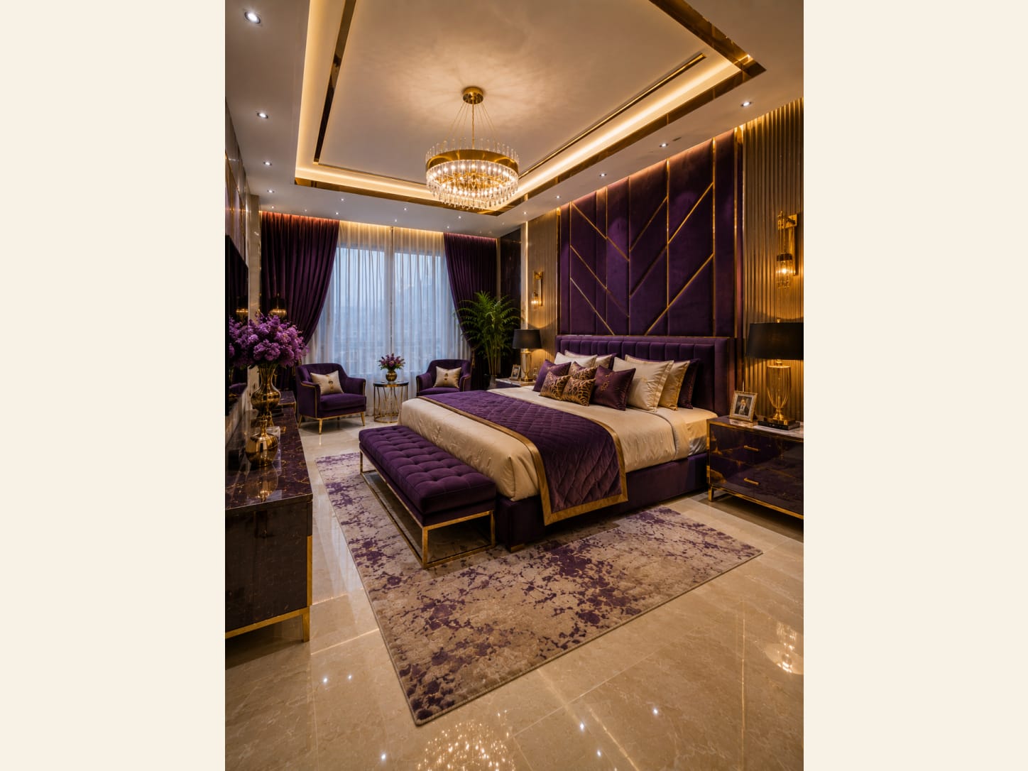 A Purple and Gold Luxury Master Bedroom With a Geometric Velvet Wall Plum velvet, brass chevron detailing and a crystal chandelier give this master bedroom a regal, jewel-box glamour.