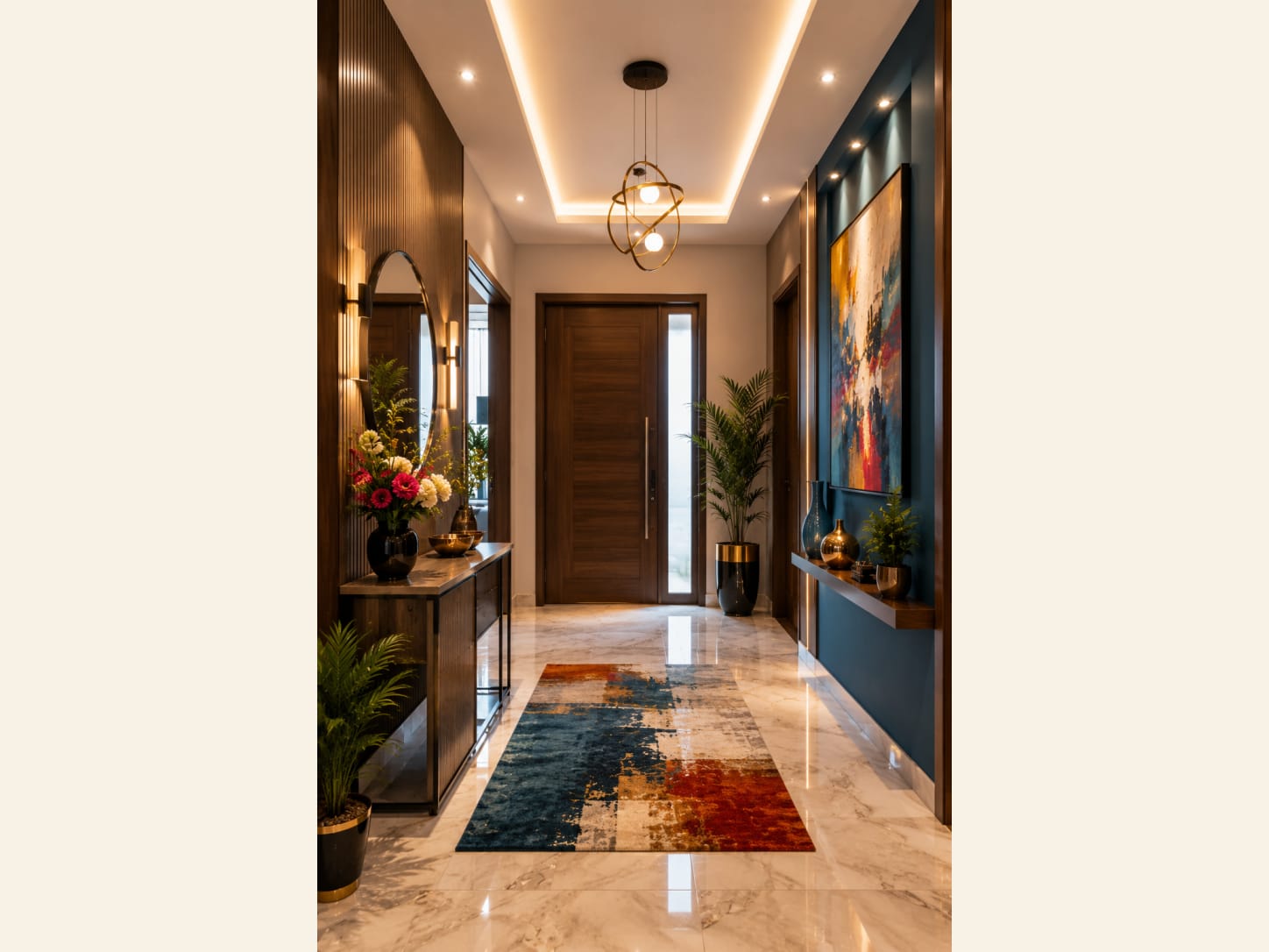 Balance deep teal with fluted walnut and a quiet runner Luxury entryway in deep teal, fluted walnut and gold with an oval mirror, console and abstract runner