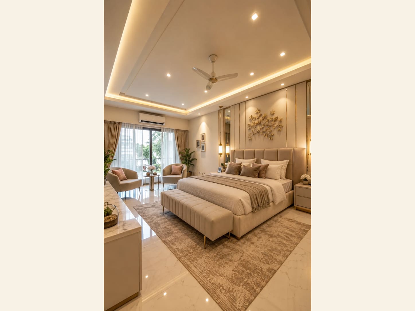A Warm Neutral Master Bedroom with Quiet Gold Accents A warm, neutral luxury master bedroom with a cove-lit tray ceiling, an upholstered gold-trim headboard wall, sculptural floral wall art, blush accent chairs and glossy marble floors.