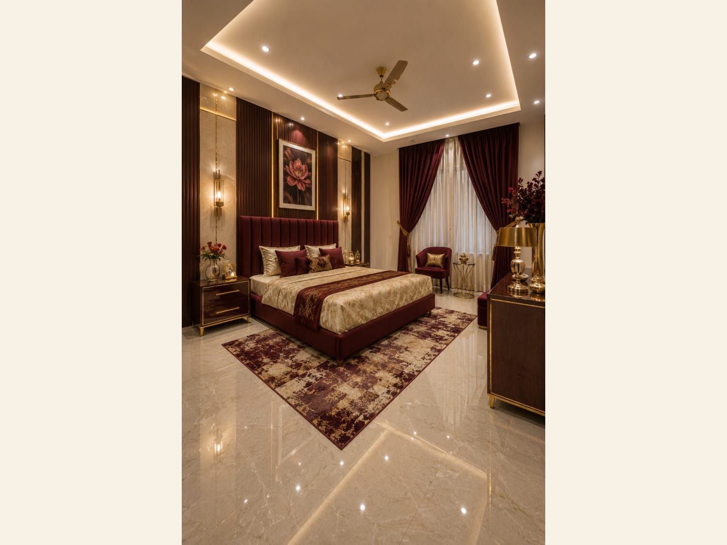 A Regal Maroon and Gold Luxury Master Bedroom A warm, opulent master bedroom built on maroon velvet, gold accents and glossy marble floors. Cozy, glamorous and made for slow mornings.