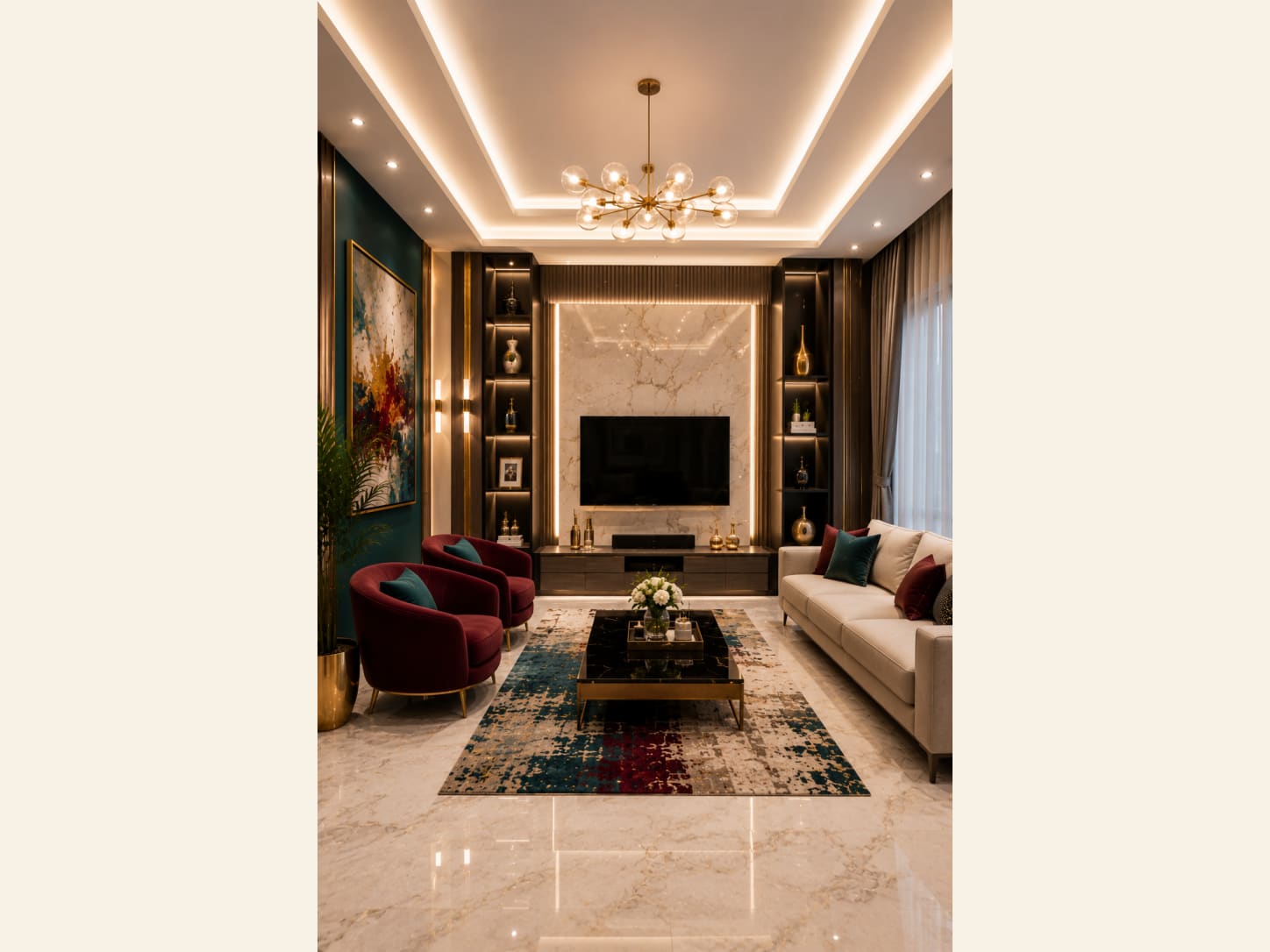 A jewel-toned living room with an emerald accent wall, burgundy velvet chairs and a marble TV feature that proves rich colour can still feel modern.