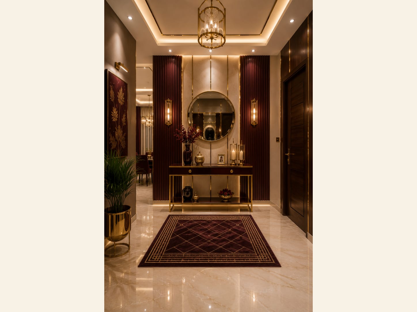 Let a round mirror calm a fluted maroon wall Maroon and gold entryway with a fluted feature wall, round mirror, brass console, sconces and runner