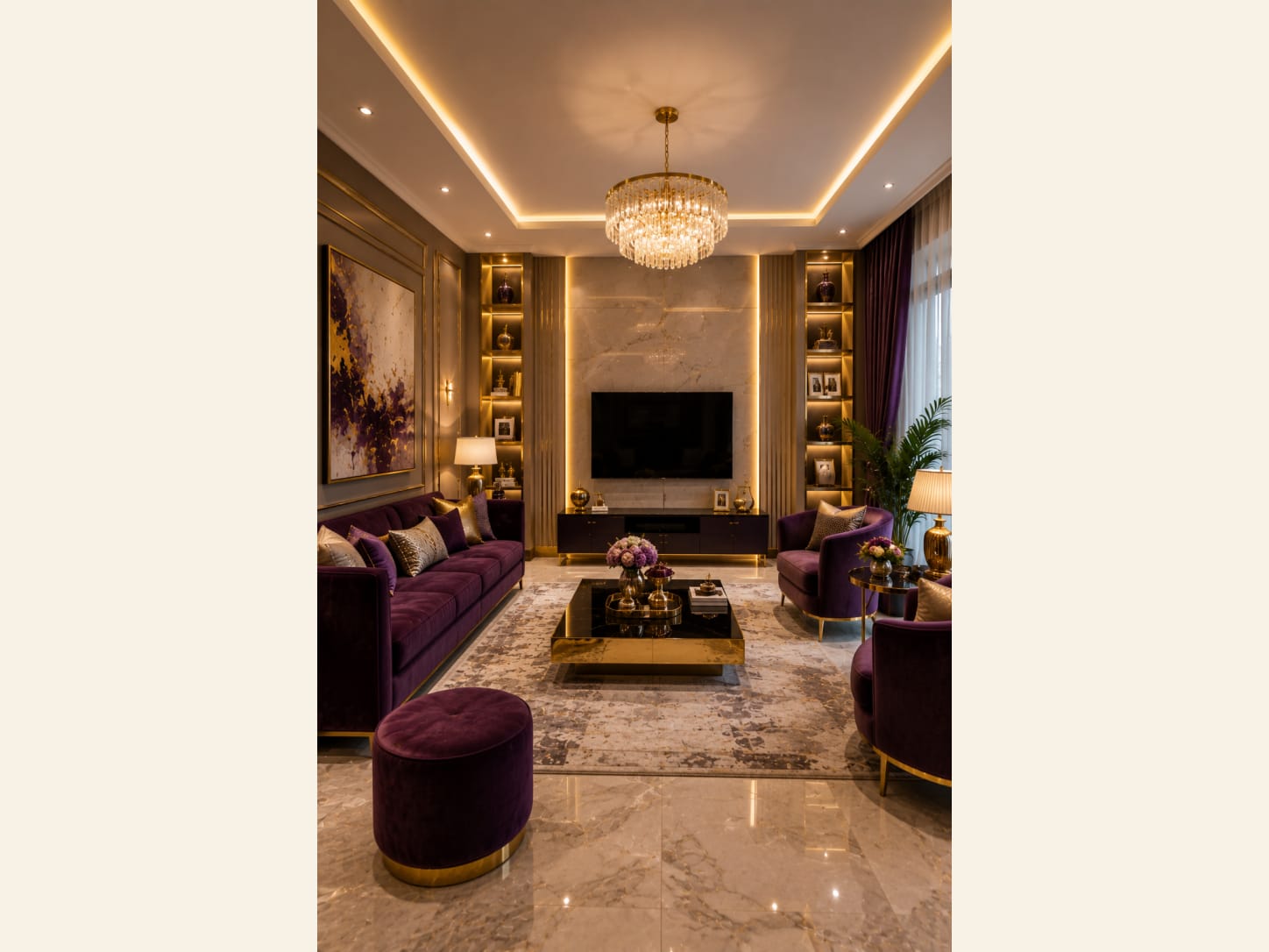 A Purple and Gold Living Room That Turns Up the Glamour Plum velvet sofas, a marble TV wall and a crystal chandelier make this purple and gold living room feel rich, warm and unforgettable.