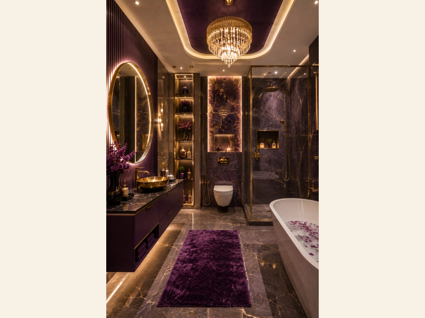 A Purple and Gold Marble Luxury Bathroom With a Crystal Chandelier A jewel-toned bathroom in plum and gold, wrapped in dark veined marble with a crystal chandelier, gold vessel sink and a petal-filled soaking tub. Pure spa-level indulgence.
