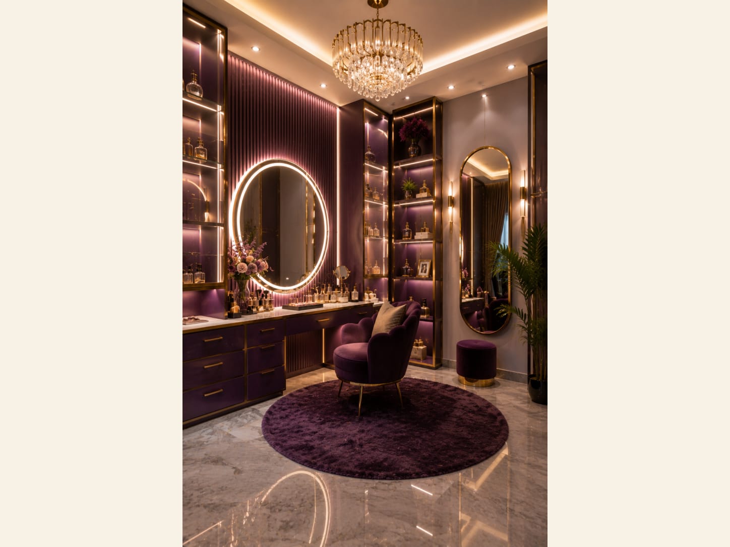 A romantic plum and gold vanity room with a round LED mirror, velvet tub chair and a soft round rug. Feminine, glowy and built for a proper getting-ready ritual.
