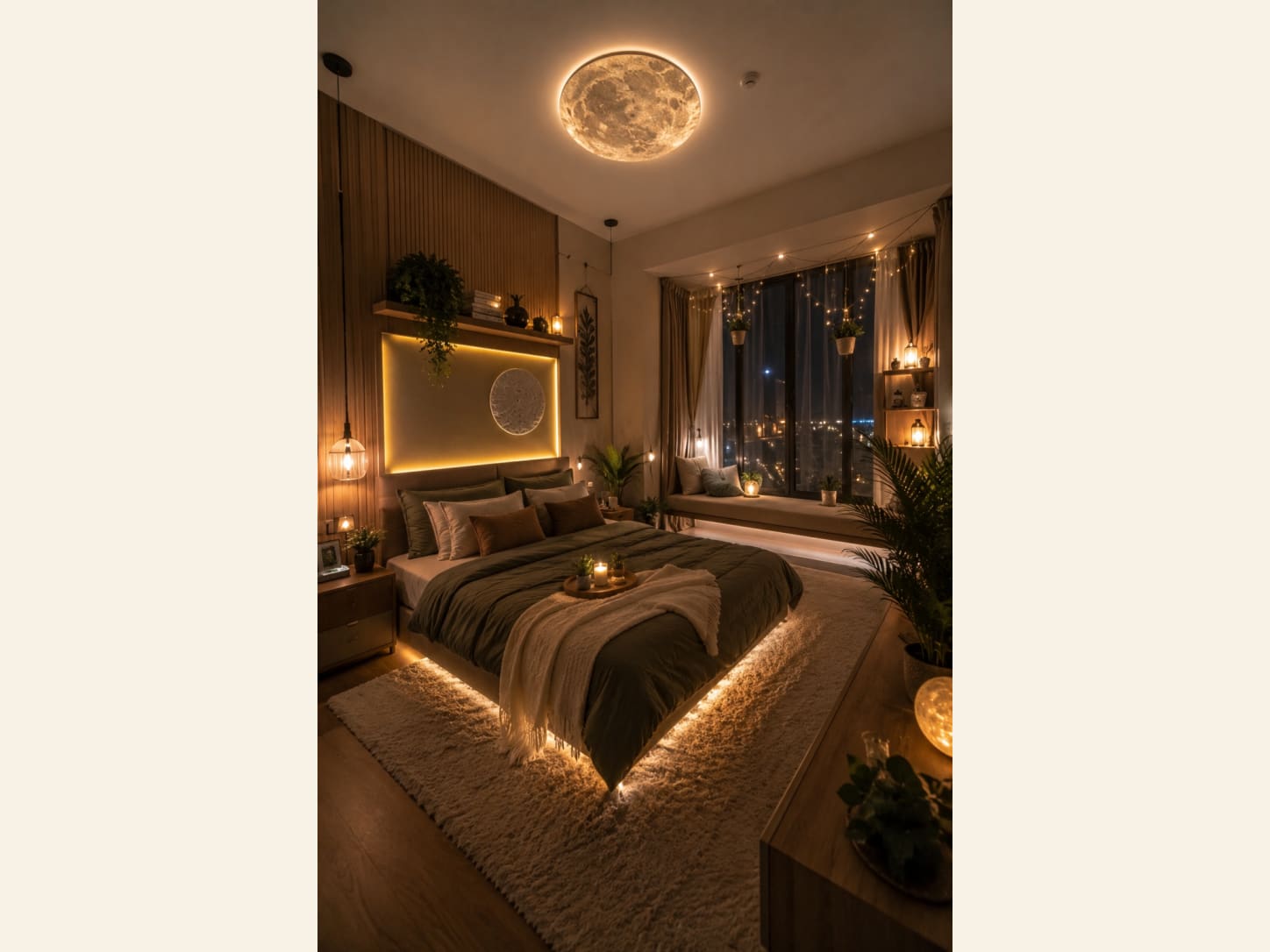 A Cozy Boho Bedroom with a Moon Light and Plants A cozy, warm boho bedroom glowing at night, a moon ceiling light, a backlit wood-slat headboard, trailing plants, fairy lights, candles and a soft LED glow tucked under the bed.