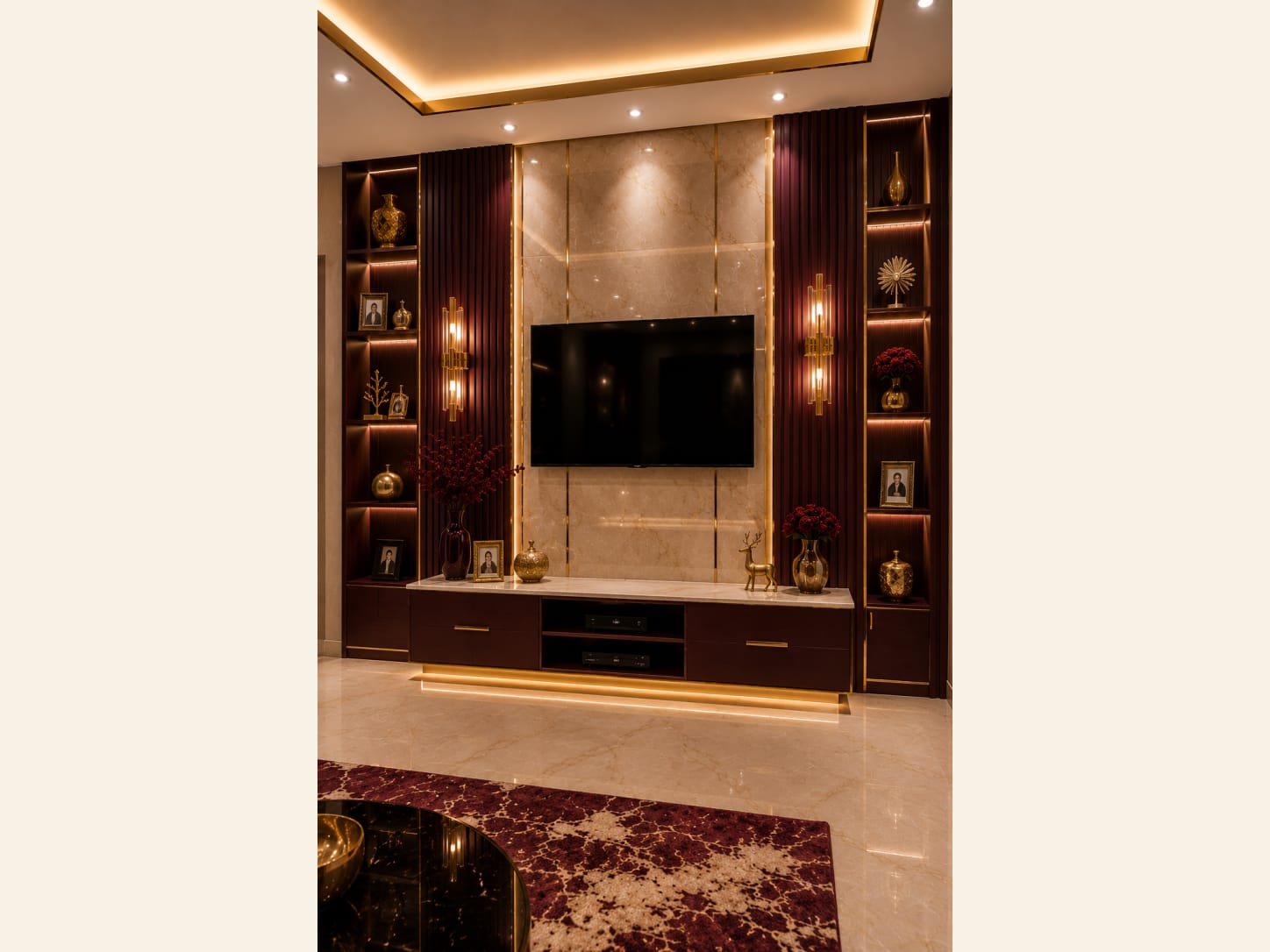 A Maroon and Gold Marble TV Feature Wall With Backlit Shelves A dramatic living room TV wall in maroon fluted panels, beige marble and gold trim, framed by backlit display shelves. Rich, symmetrical and made to be the room's showpiece.