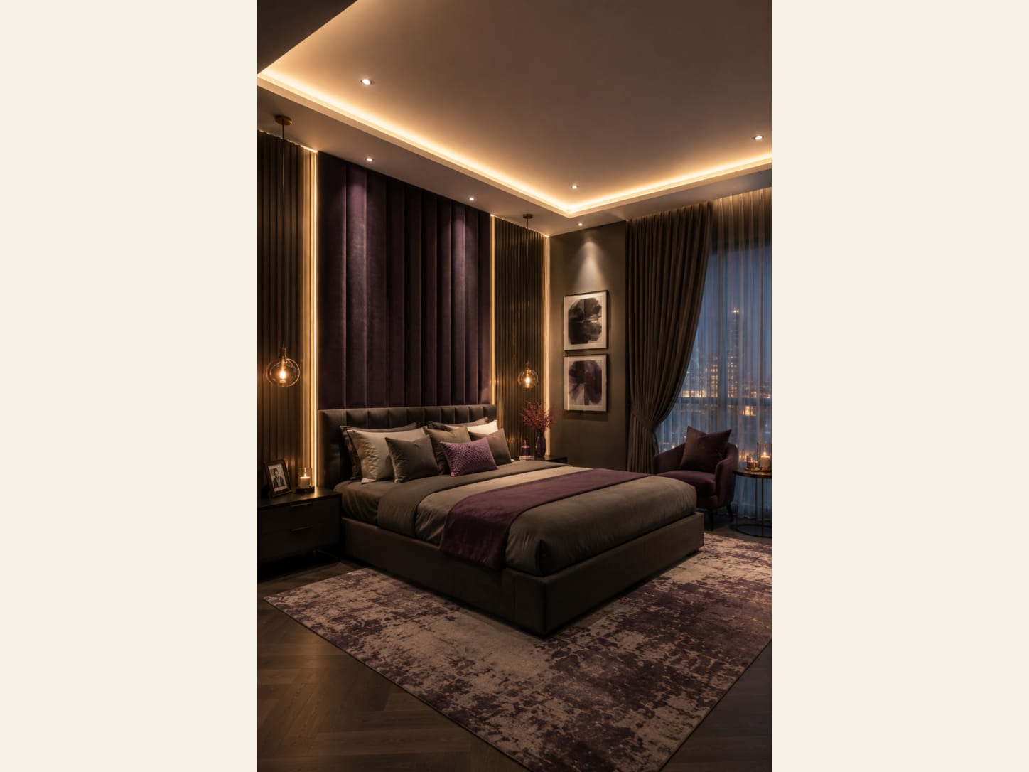 A padded plum velvet feature wall, warm cove lighting and layered taupe bedding make this bedroom feel like a private suite high above the city.