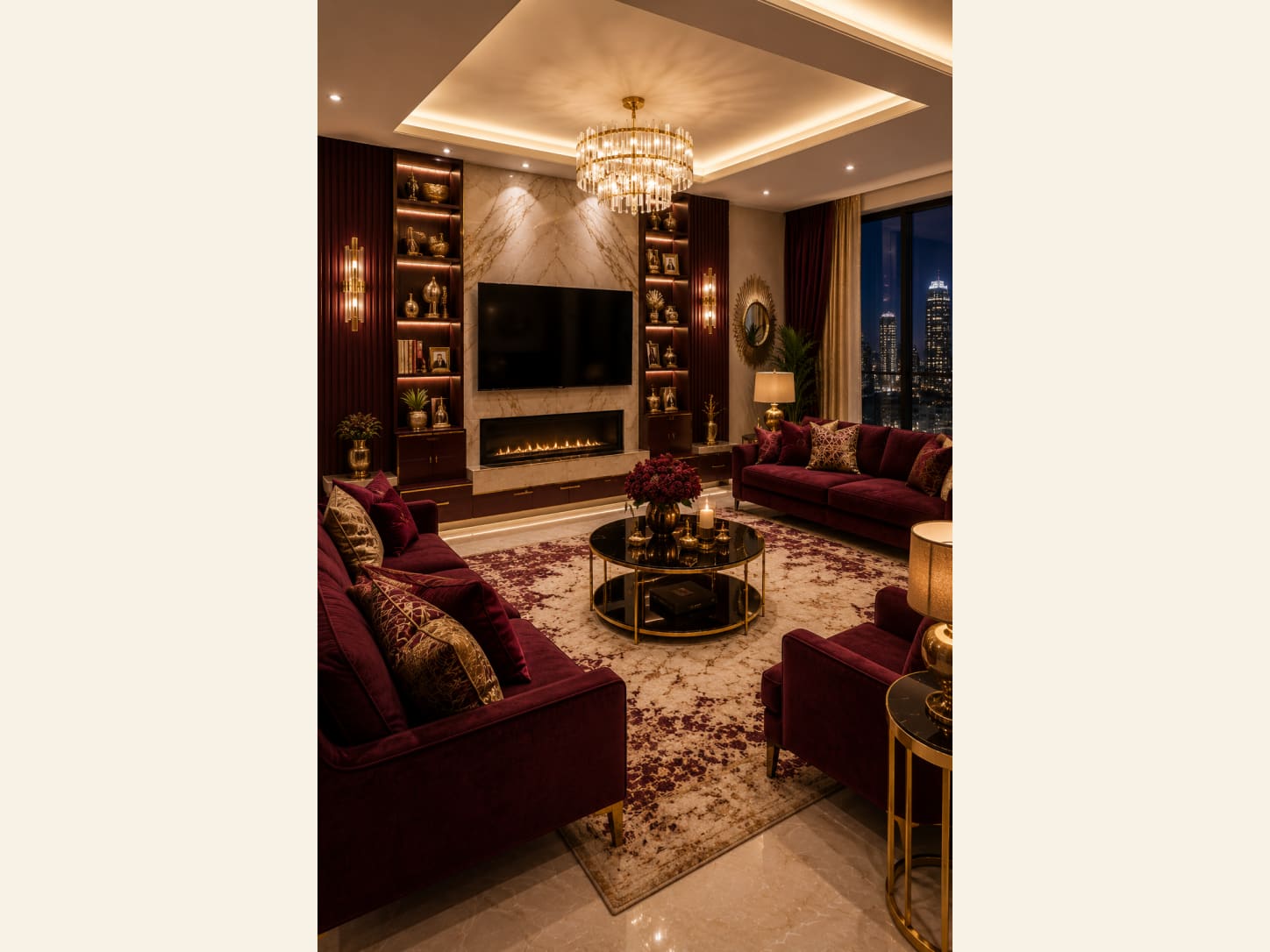 A Burgundy Velvet Living Room Dripping in Gold and Marble Deep burgundy velvet sofas, a marble fireplace wall and a crystal chandelier make this living room feel like a private members club with a skyline view.