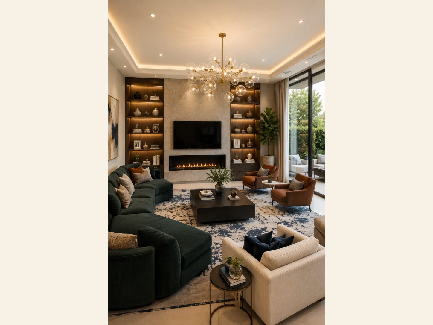 A forest green velvet sectional meets cognac leather chairs around a marble fireplace wall, with a bubble chandelier and garden views to finish it.