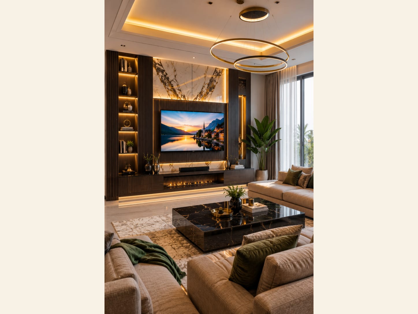 A Warm Neutral Living Room With a Gold-Veined Marble TV Wall Fluted wood, a gold-veined marble panel and a linear fire wrap the TV, while deep beige sofas and olive pillows keep this modern living room soft and warm.