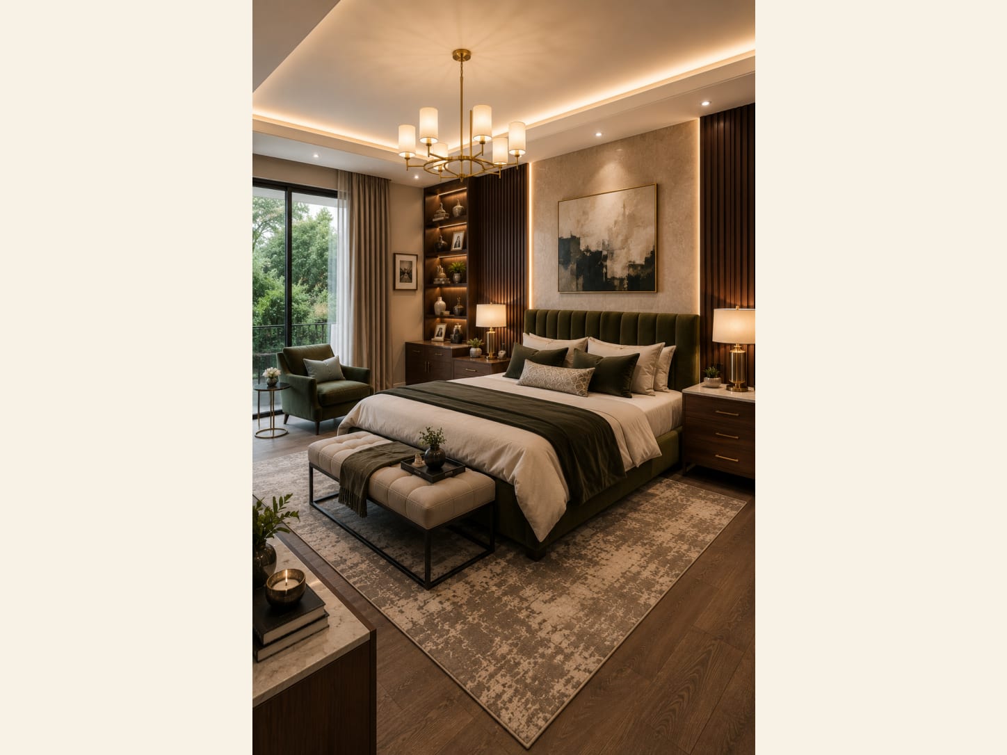 An Olive Green and Walnut Master Bedroom That Feels Like a Warm Exhale A moody, grounded master bedroom where olive velvet, walnut slat walls and brass lighting come together for quiet luxury.