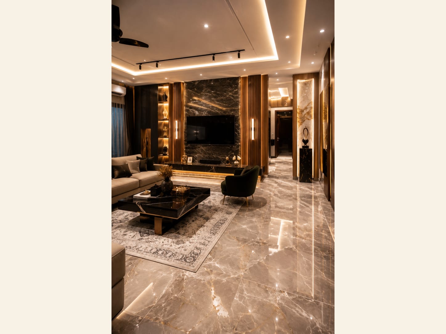 A Black Marble and Fluted Wood Living Room With Serious Drama A glossy, gold-veined living room where a black marble TV wall, warm fluted wood and polished stone floors read pure luxury.