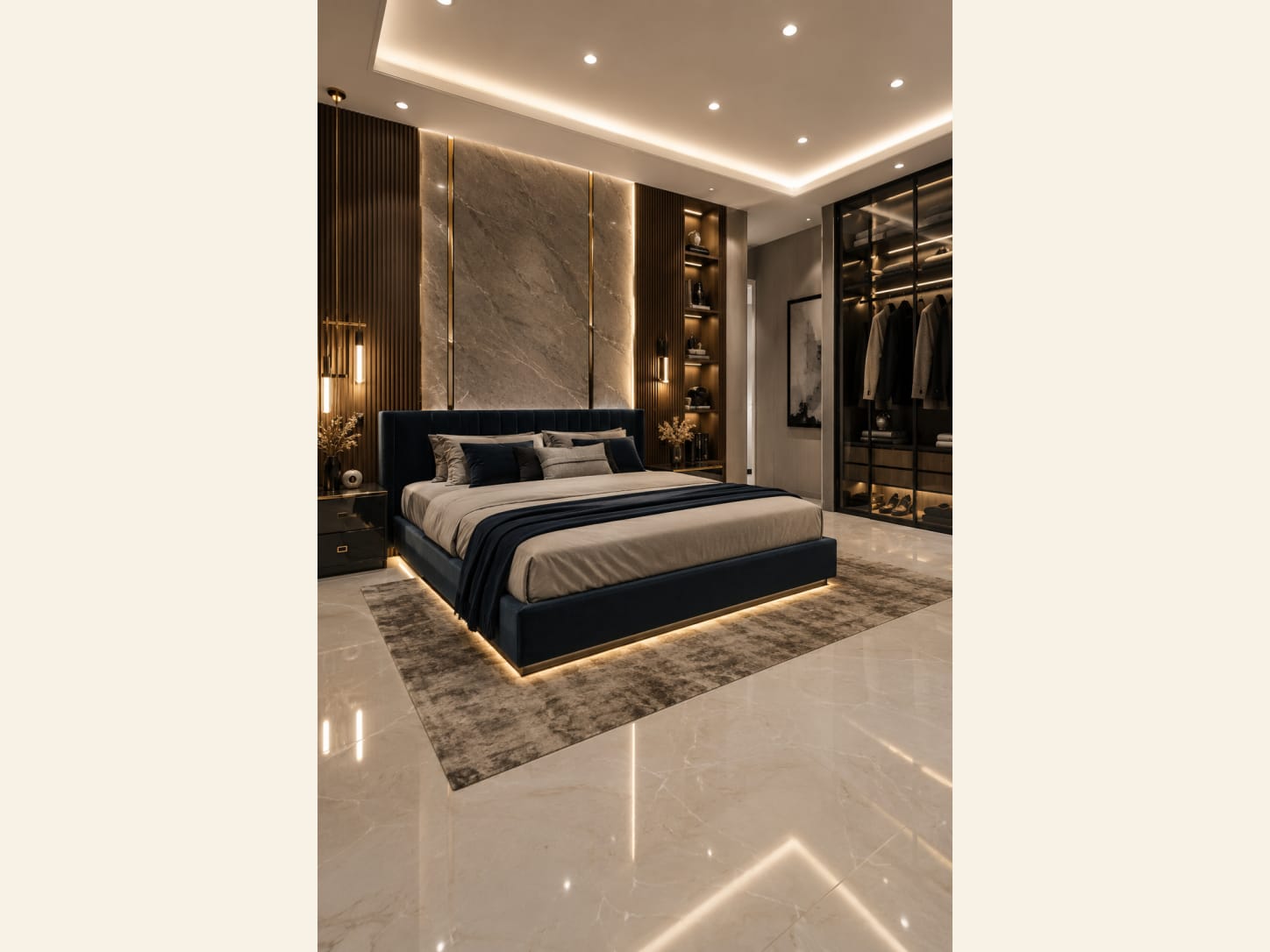 A sleek modern master bedroom with a navy velvet floating bed, backlit marble headboard wall and a glass walk-in wardrobe.