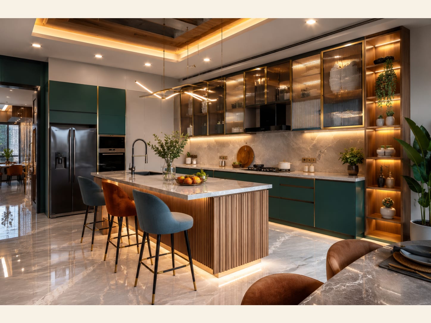 An Emerald Green and Brass Kitchen With a Marble Waterfall Island 2026 A glamorous modern kitchen pairing handleless emerald green cabinets with brass-framed reeded glass uppers, a walnut-slat island topped in white marble, and jewel-toned velvet bar stools.