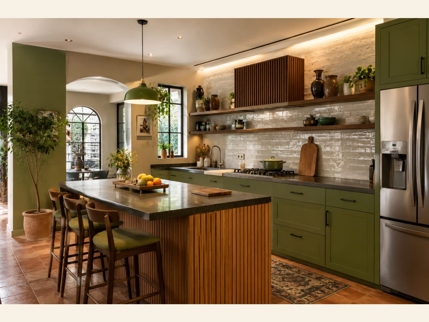 An Olive Green Shaker Kitchen With Zellige Tile and Soapstone Worktops 2026 A warm Mediterranean-leaning kitchen with olive green shaker cabinets, honed dark soapstone worktops, a glossy cream zellige backsplash and a wood-slatted island on terracotta floors.