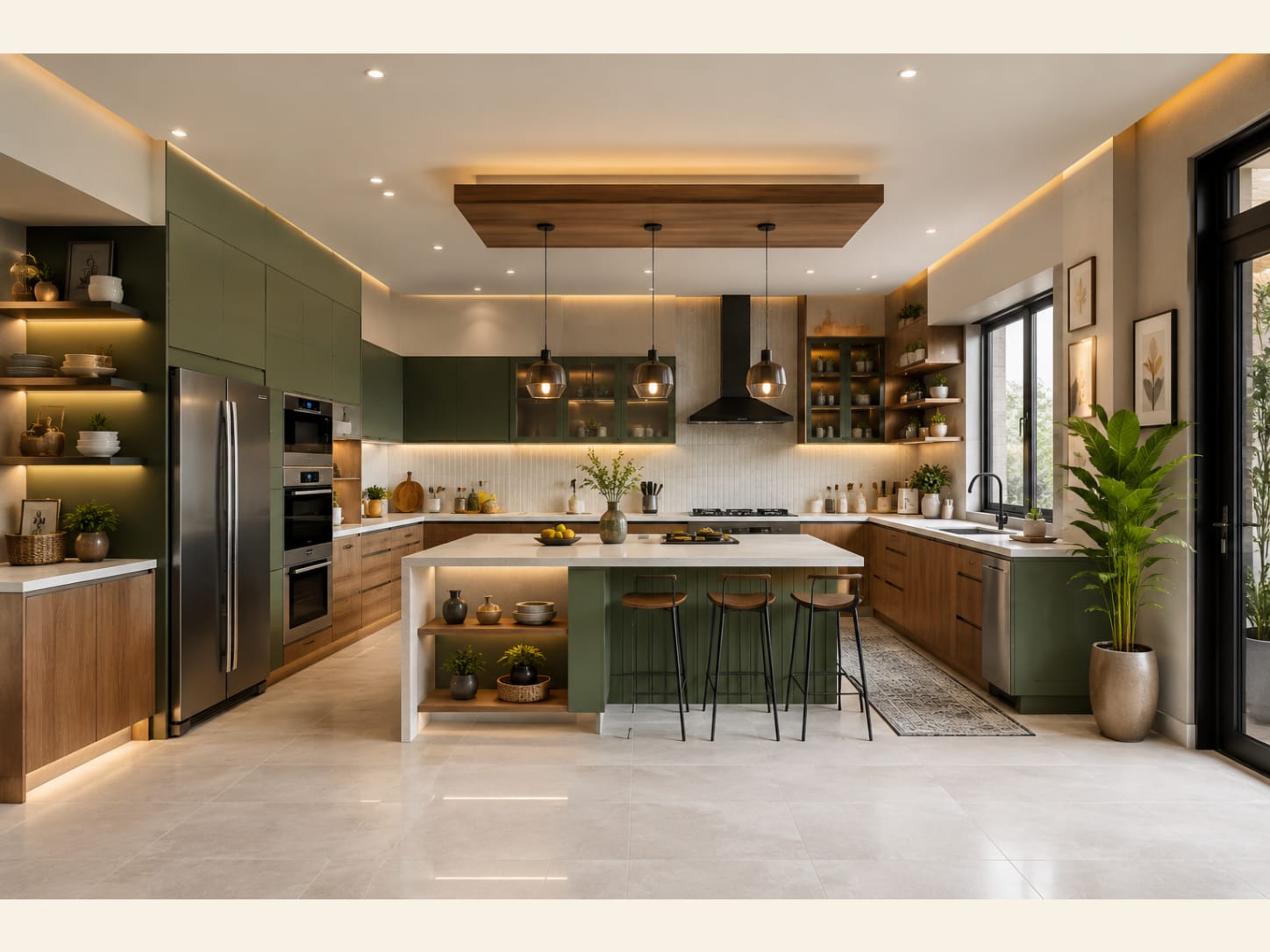 An Olive Green and Oak Two-Tone Kitchen With a Quartz Waterfall Island 2026 A bright contemporary kitchen mixing olive green and natural oak cabinets with a white quartz waterfall island, vertical stacked-tile backsplash, glass pendants and black tapware.