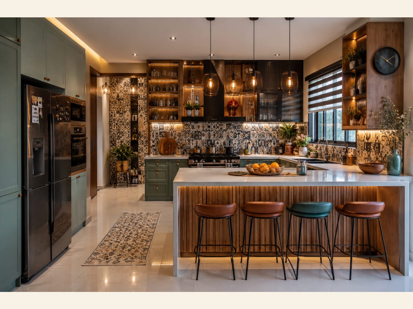 An Eclectic Sage Green Kitchen With a Moroccan Tile Backsplash and Leather Stools 2026 A bohemian-luxe kitchen with sage green shaker cabinets, a patterned blue-and-white Moroccan tile backsplash, wood display shelving, Edison glass pendants and mixed leather bar stools.