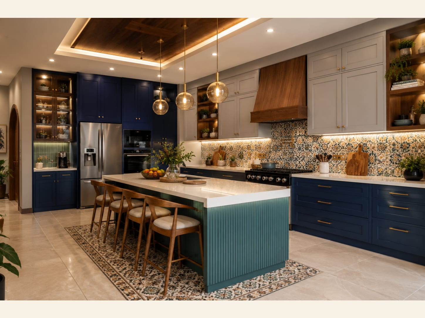 A jewel-toned kitchen combining navy blue and grey shaker cabinets, a sculptural walnut chimney hood, a teal fluted island with quartz waterfall top and a Mediterranean patterned tile backsplash.