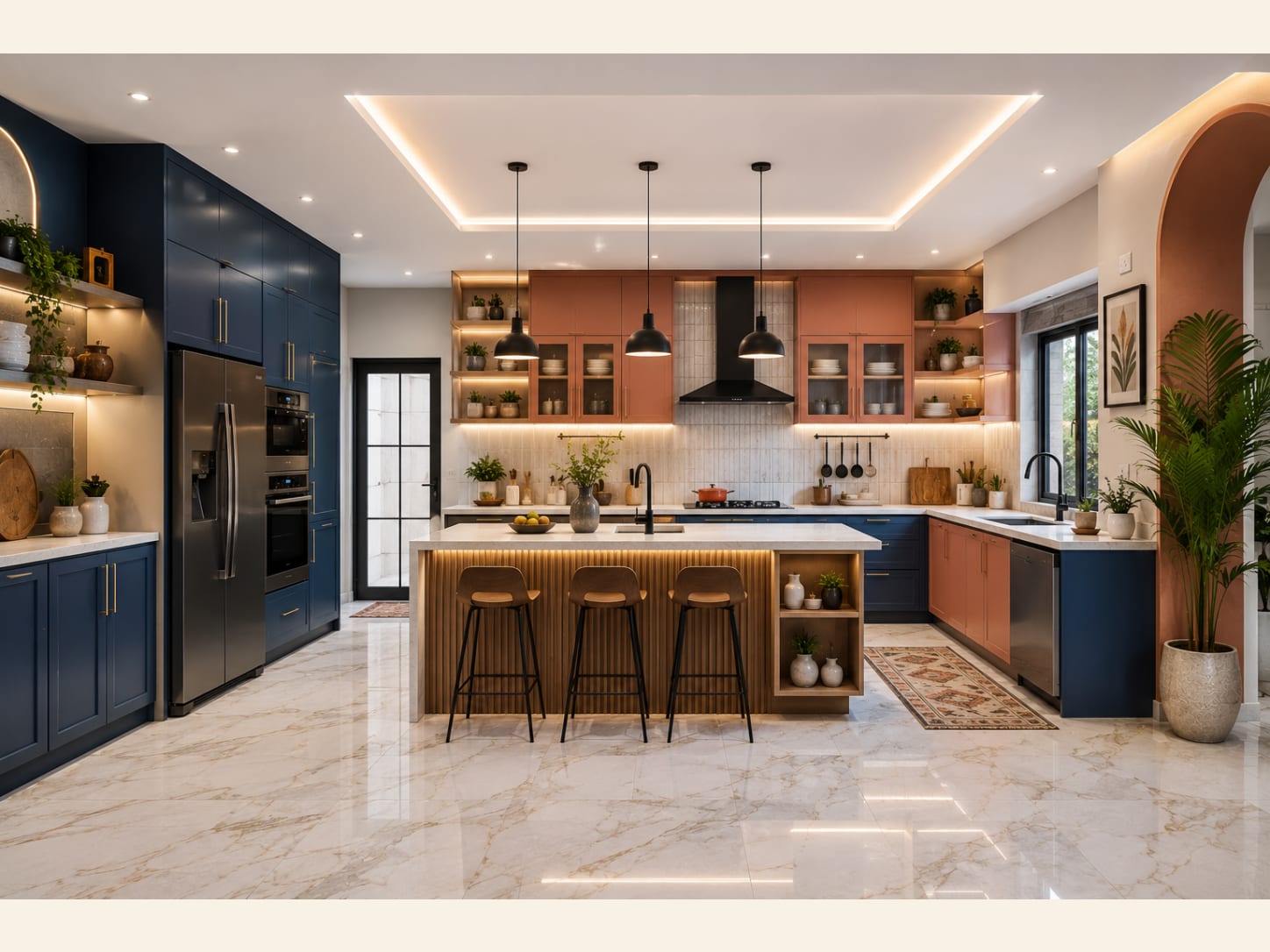 A bold contemporary kitchen pairing navy blue and terracotta cabinets with a wood-slat island, white quartz waterfall top, gold-veined marble floor and black chimney hood.