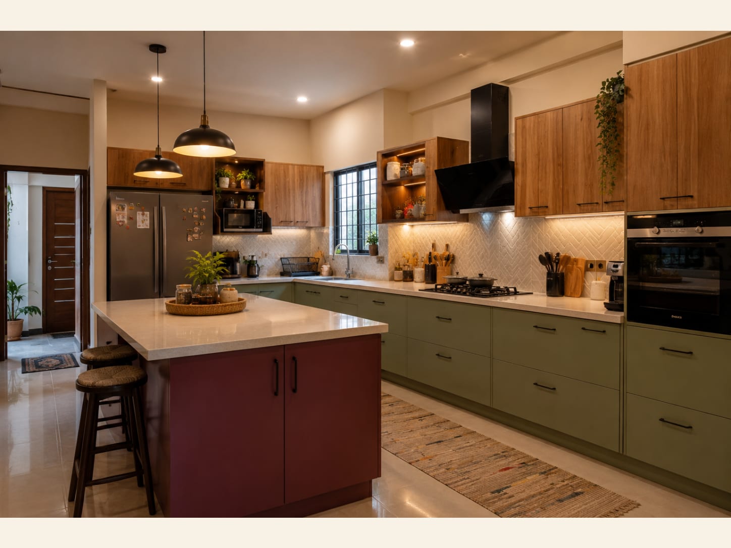 An Olive Green and Oak Two-Tone Kitchen with a Burgundy Island (2026) A warm, earthy modern kitchen pairing sage-olive base units with natural oak wall cabinets and a deep burgundy island, finished with cream quartz worktops, a herringbone backsplash and black dome pendants.