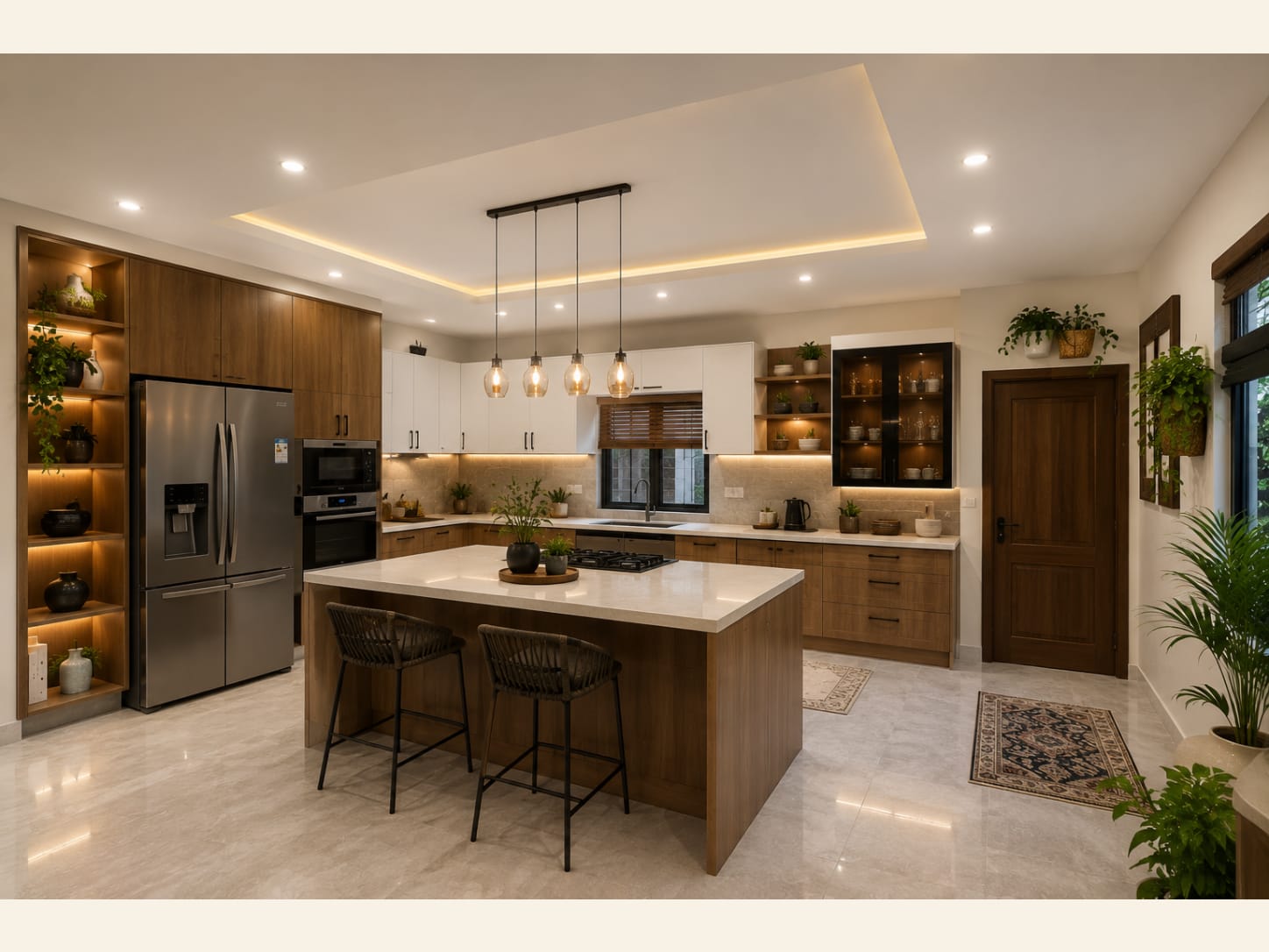 A softly lit contemporary kitchen combining rich walnut cabinetry with crisp white upper units, LED-lit open shelving, a warm quartz island and a cluster of amber glass globe pendants.