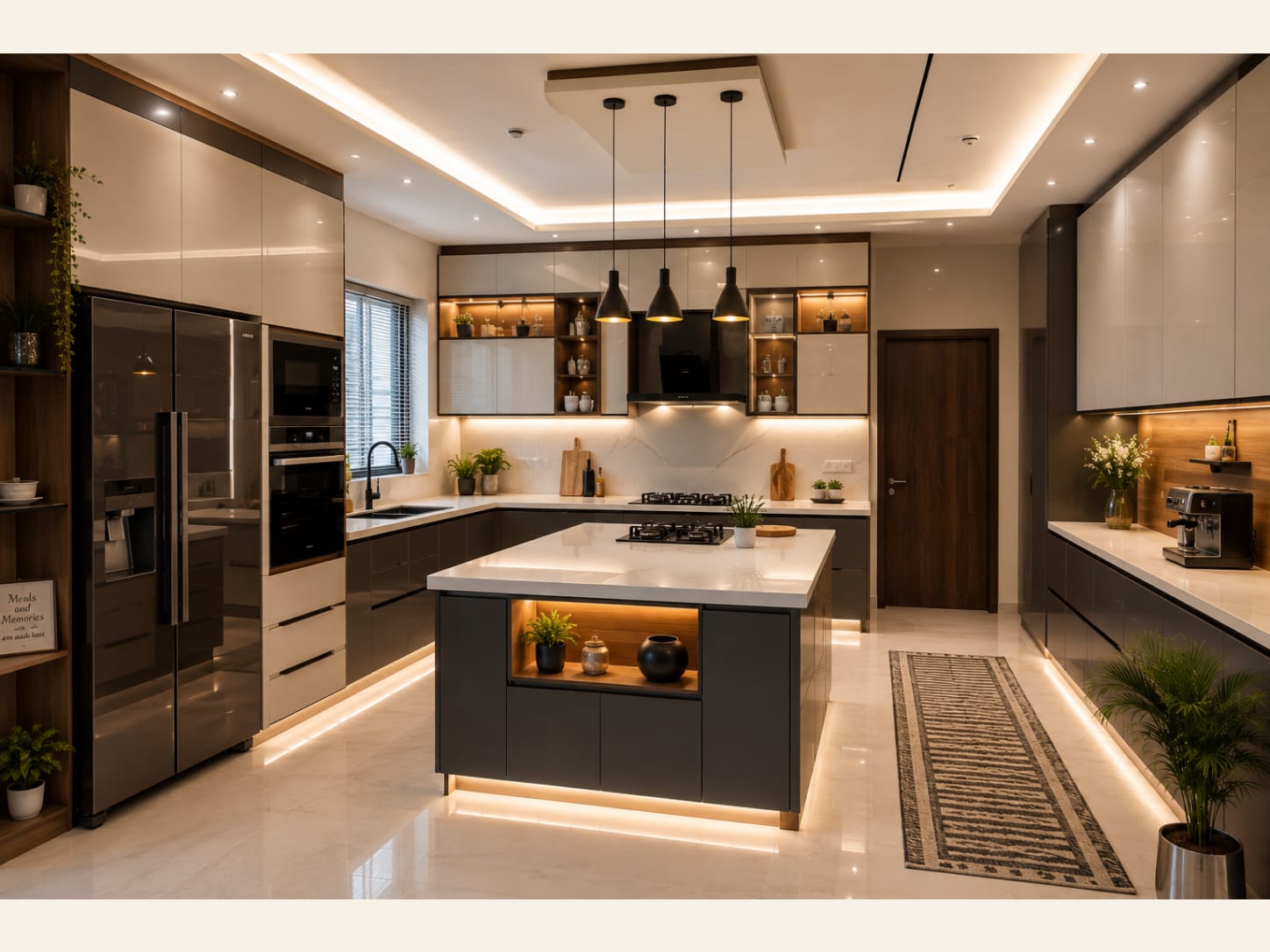 A High-Gloss Cream and Charcoal Grey Kitchen with a Floating-Lit Island (2026) A slick contemporary kitchen in high-gloss cream and matte charcoal grey, with a marble slab backsplash, cone pendants, a wood-lined island niche and dramatic floor-level LED lighting.