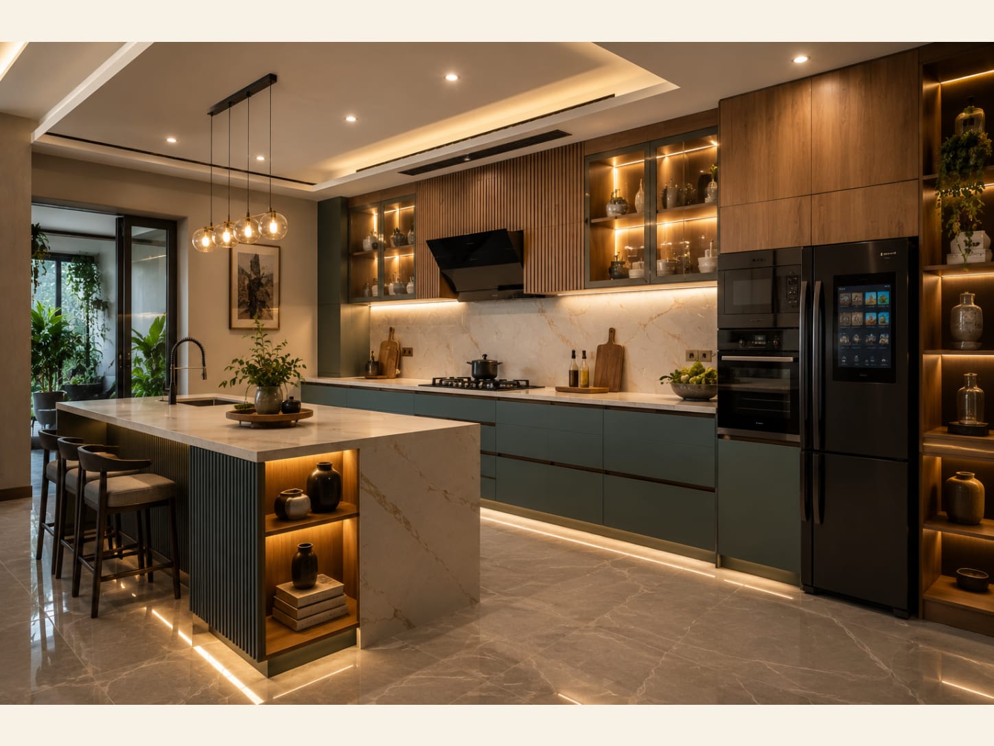 A Dark Green and Marble Luxury Kitchen with a Smart Fridge (2026) A moody, luxurious kitchen in deep teal-green handleless cabinetry with a warm gold-veined marble backsplash, a waterfall island with reeded wood detailing, glass display cabinets and a smart touchscreen fridge.