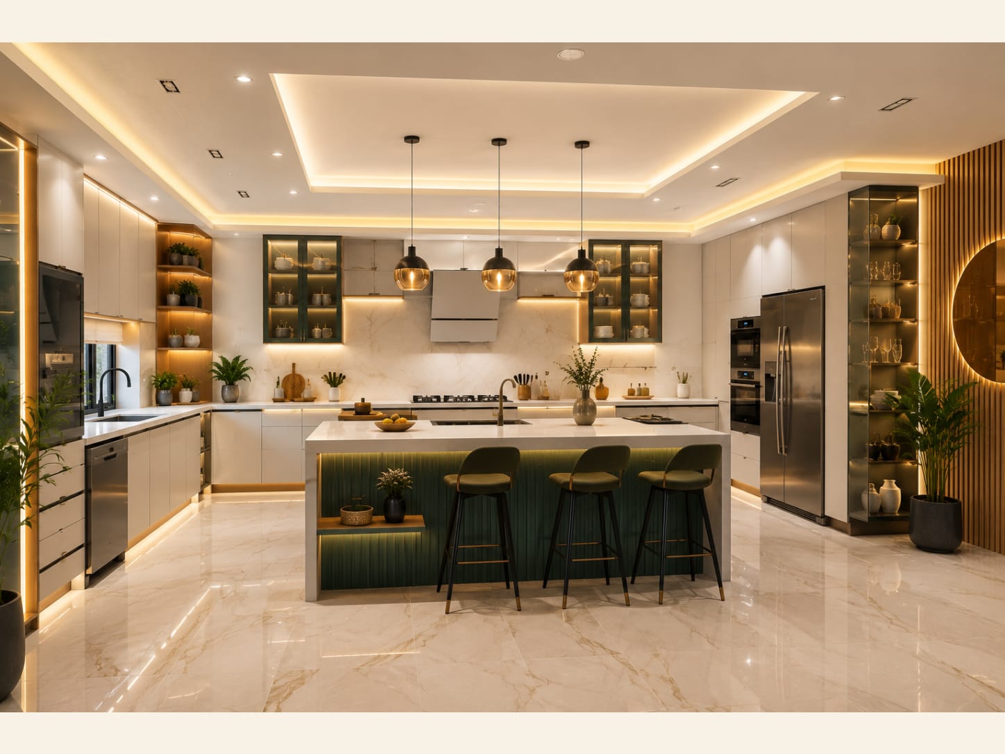 A White and Emerald Green Glam Kitchen with Velvet Bar Stools (2026) A glamorous open-plan kitchen in crisp white with a fluted emerald-green waterfall island, calacatta marble backsplash with gold veining, green velvet bar stools and a wood-slat feature wall.