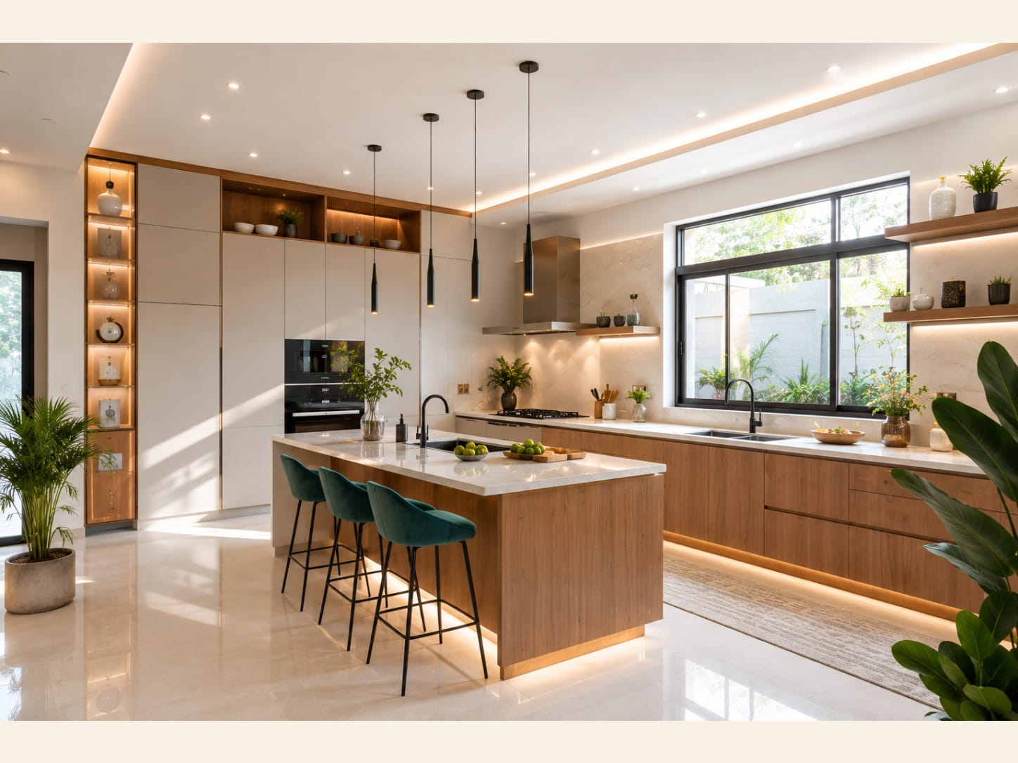 A bright, airy Scandi-Japandi kitchen in light oak and warm white, with a waterfall oak island, teal velvet stools, black gooseneck taps, LED-lit open shelving and a large window over the sink framing the garden.