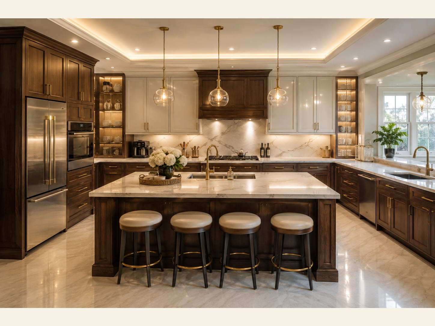 A warm transitional kitchen pairing rich walnut lower cabinets with cream glossy uppers, a large Calacatta-look marble island, brushed brass hardware and four leather swivel stools under glass globe pendants.